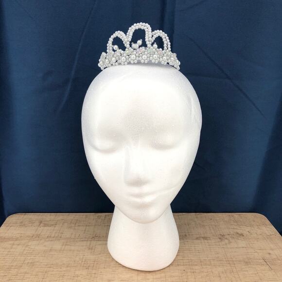 American VINTAGE 90's Handmade Mini Tiara Beaded w/ Pearl Silver Crystal Beads - Picture 2 of 4